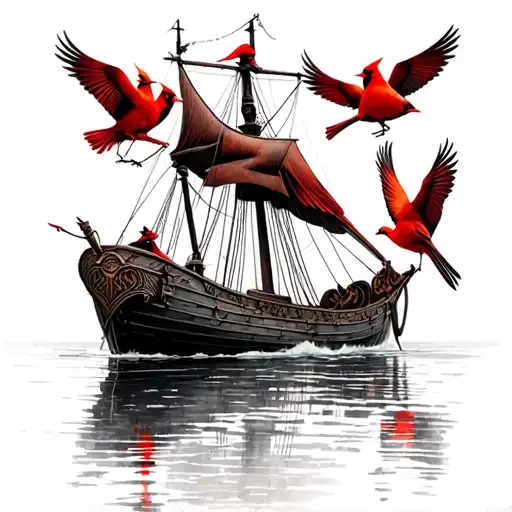 Viking longship sailing through a Scottish loch surrounded by red cardinals tattoo design idea