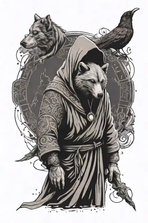 a monk with a bora in a hood and robe, next to him ONE wolf, ONE raven, ONE bear and ONE carp fish tattoo design idea