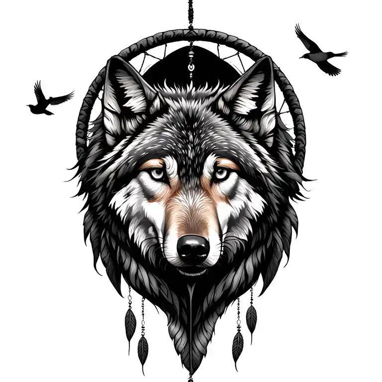 wolf dreamcatcher with birds flying away tattoo design idea