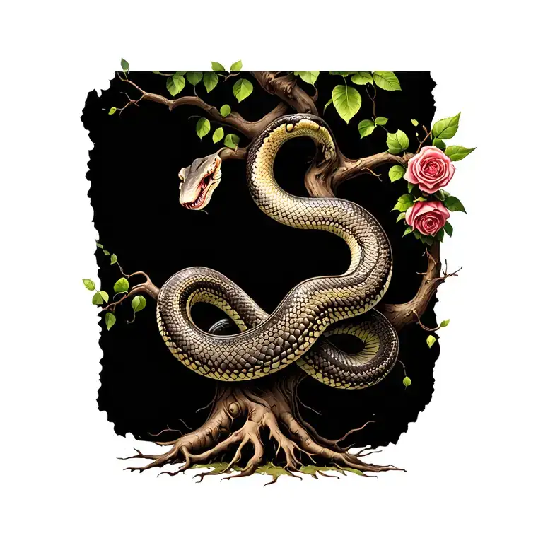 snake climbing tree with a rose vine wrapped around the trunk and roots reaching deep spiritual meaning  tattoo design idea