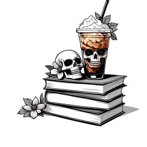 A stack of books with skulls, flowers and an iced coffee drink tattoo design idea