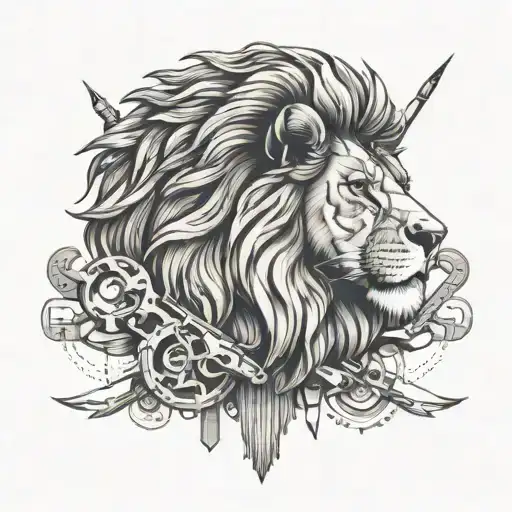 A tattoo design of a lion's face with each of its four paws transformed into human hands holding different tools or objects tattoo design idea