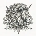 A tattoo design of a lion's face with each of its four paws transformed into human hands holding different tools or objects tattoo design idea