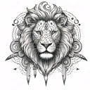 A tattoo design of a lion's face with each of its four paws transformed into human hands holding different tools or objects tattoo design idea