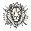 A tattoo design of a lion's face with each of its four paws transformed into human hands holding different tools or objects tattoo design idea