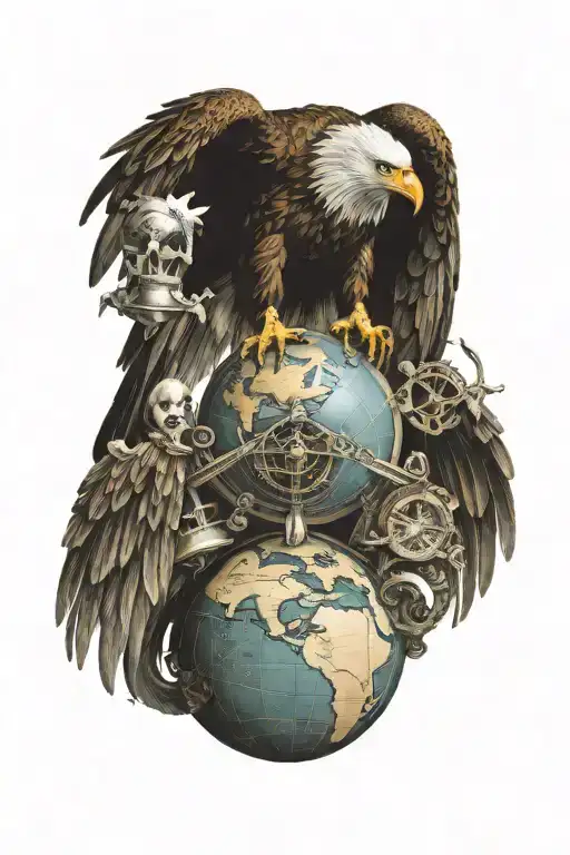 eagle on top of a globe made from a skull with an anchor hanging underneath tattoo design idea