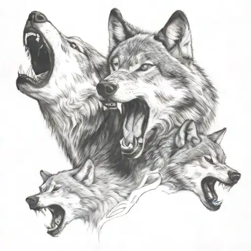 wolf showing some snarling  protectin his two cubs tattoo design idea