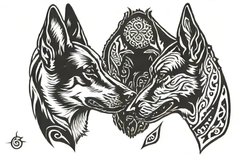 two Belgian malinois, with heads looking towards each other, in viking art style tattoo design idea