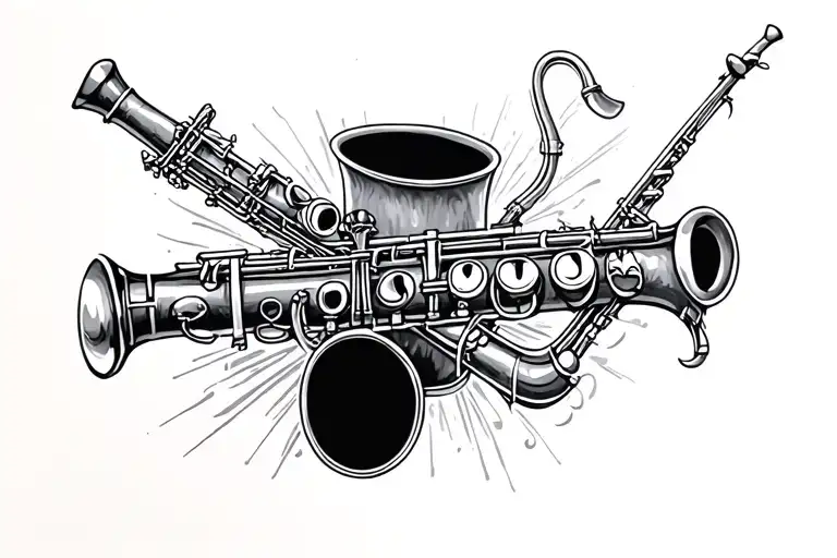 full clarinet tattoo featuring jazz elements incorporated tattoo design idea