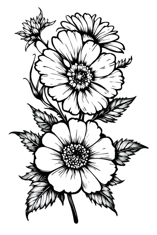 three flowers, geranium, crysanthemum and rose intertwined tattoo design idea