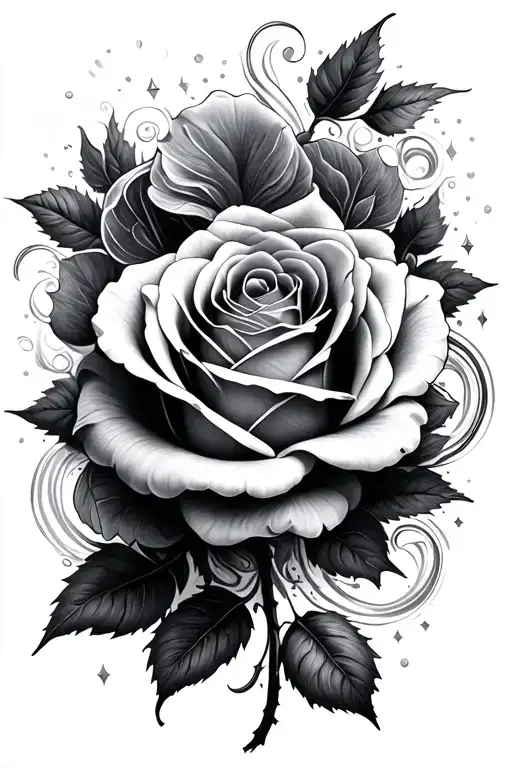 A black-grey tattoo of the enchanted rose from Beauty and the Beast surrounded by magical swirls and sparkles tattoo design idea