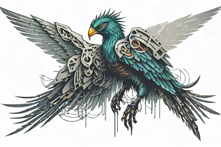 Cyberpunk Quetzel bird tattoo design idea
