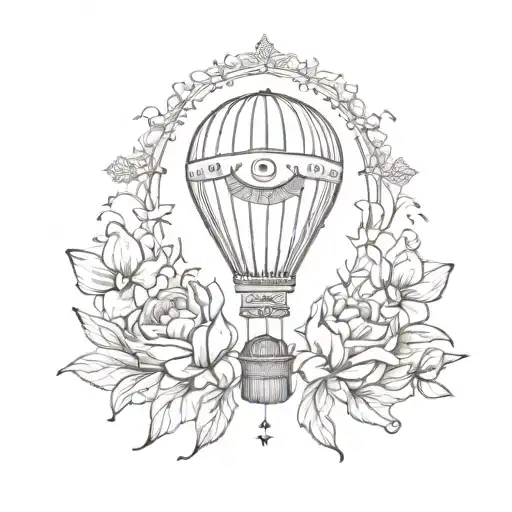 hot air balloon with Turkish tulips and evil eye symbol integrated tattoo design idea