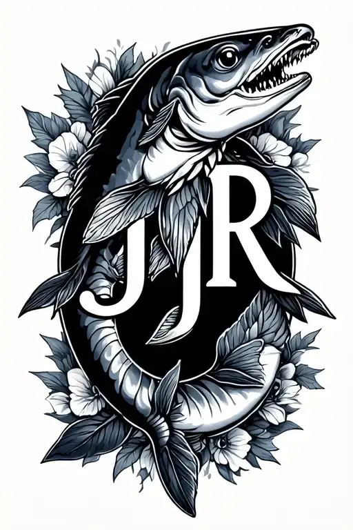 sturgeon with the initials JR inside tattoo design idea