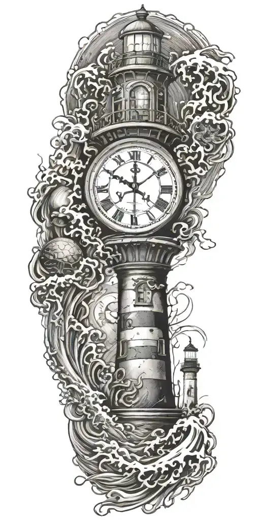 lighthouse waves crashing clock and jelly fish tattoo design idea