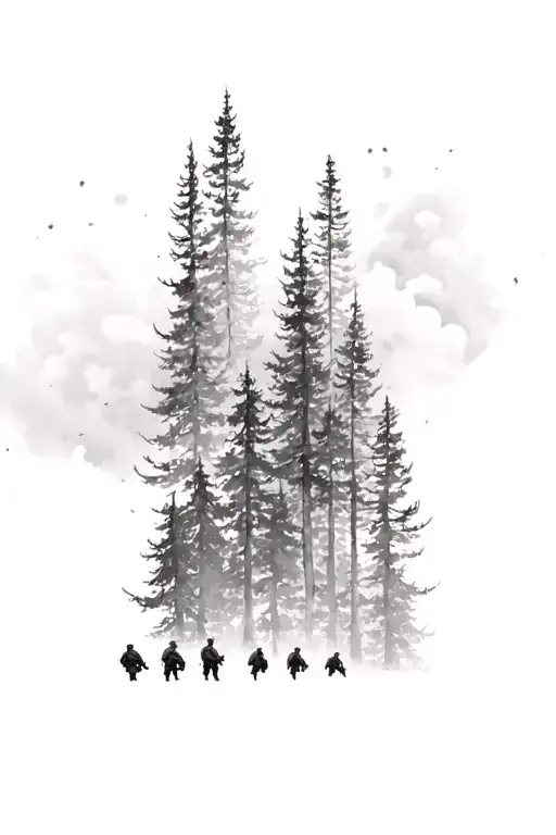 "si vis pacem para bellum" three pine trees in cloudy forest with the silhouettes of five soldiers emerging from within in a row behind the trees tattoo design idea