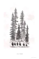 "si vis pacem para bellum" three pine trees in cloudy forest with the silhouettes of five soldiers emerging from within in a row behind the trees tattoo design idea