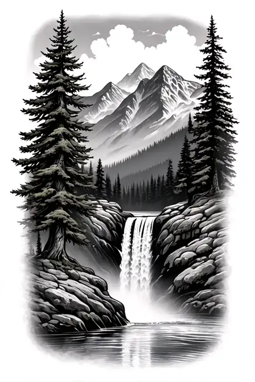 waterfall into river sitka spruce tree surrounded with mist and mountains tattoo design idea