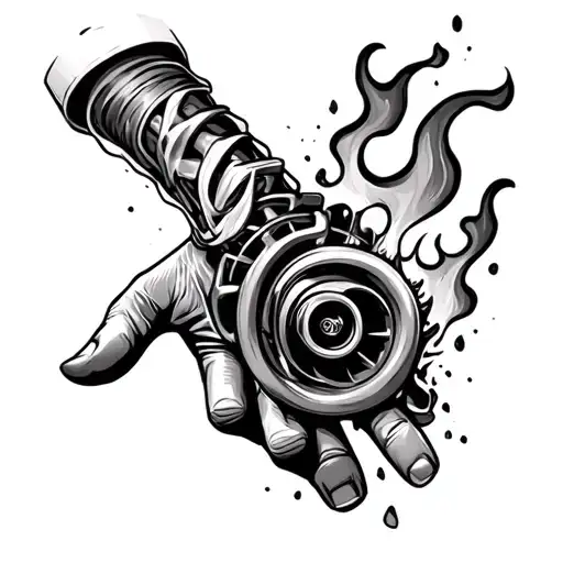 turbocharger ripping through skin on hand, with a flame outline on the forearm tattoo design idea