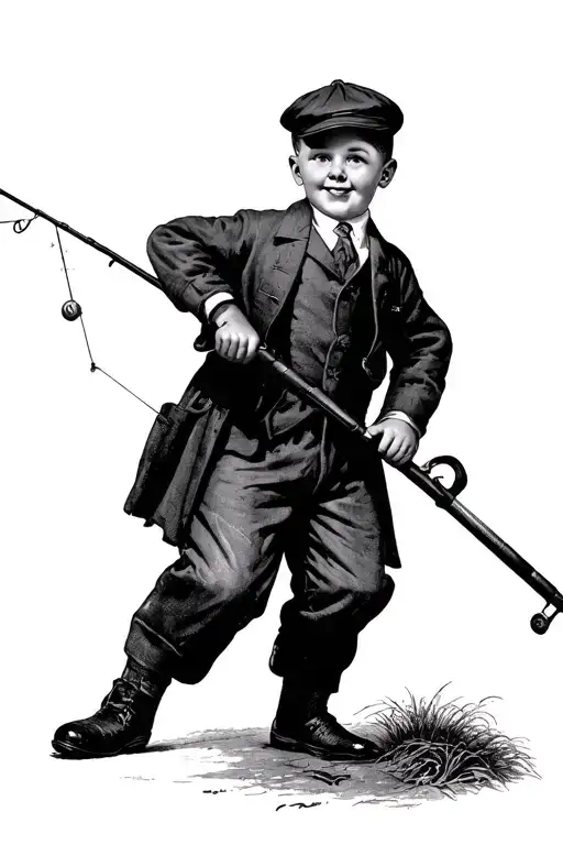 1950s British school boy holding a fishing rod full body not smiling tattoo design idea