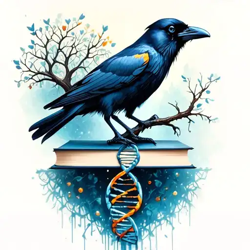 raven with a branch that fades into a dna molecule standing on a book with a tree of life in the background tattoo design idea