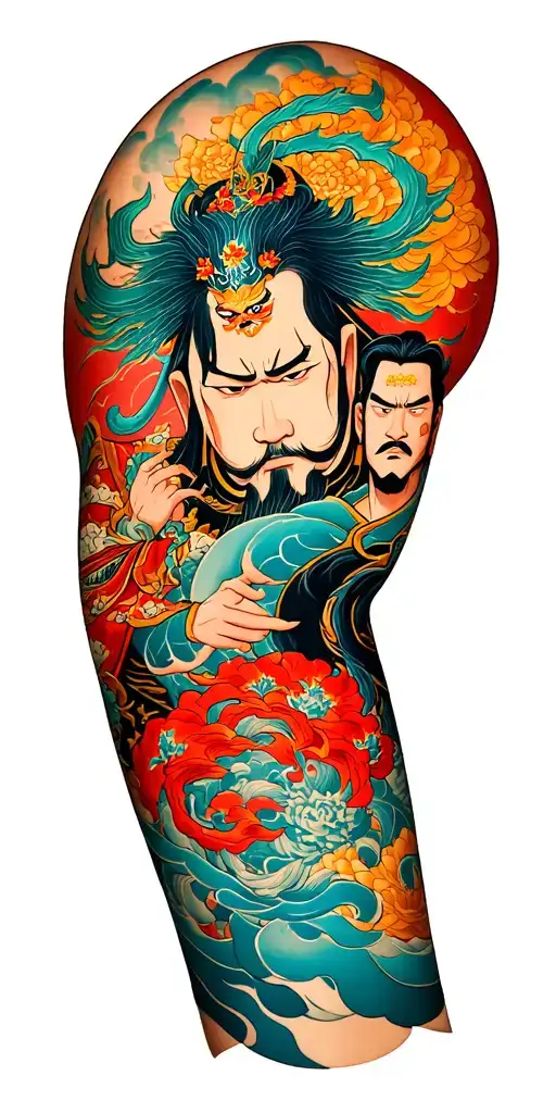 Japanese mythology, Raijin the thundergod and Fujin the windgod, full sleeve wrapped around arm tattoo tattoo design idea