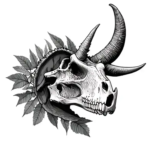 Triceratops skull, soft shading and leafs wipped willow tattoo design idea