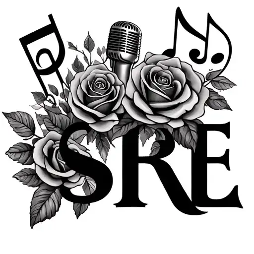 create me a tattoo with the cursive initials SRE trouble, clef music notes, and a microphone with roses tattoo design idea