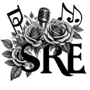 create me a tattoo with the cursive initials SRE trouble, clef music notes, and a microphone with roses tattoo design idea