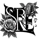 create me a tattoo with the cursive initials SRE trouble, clef music notes, and a microphone with roses tattoo design idea
