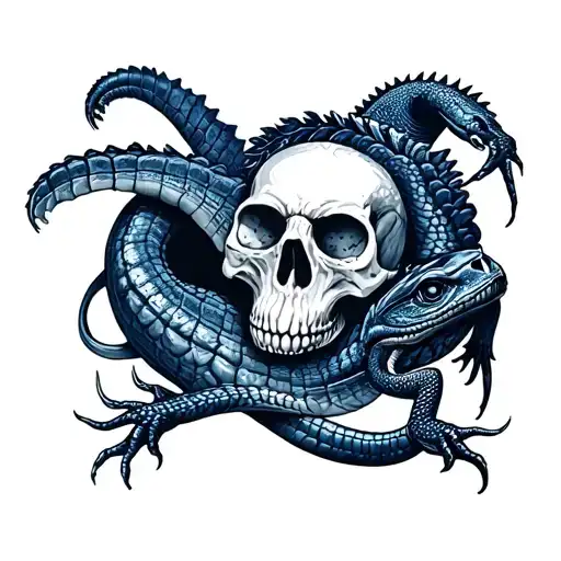 skull and reptiles, black and dark blue themed tattoo design idea
