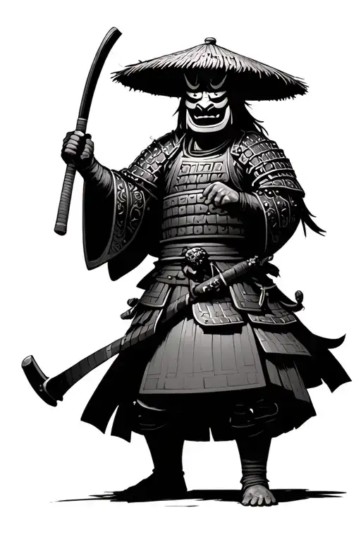 full body samurai in traditional armor wearing a straw hat head tilted down and an oni mask tattoo design idea