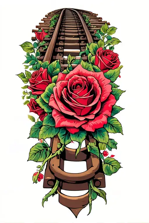 train track and roses intertwined tattoo design idea