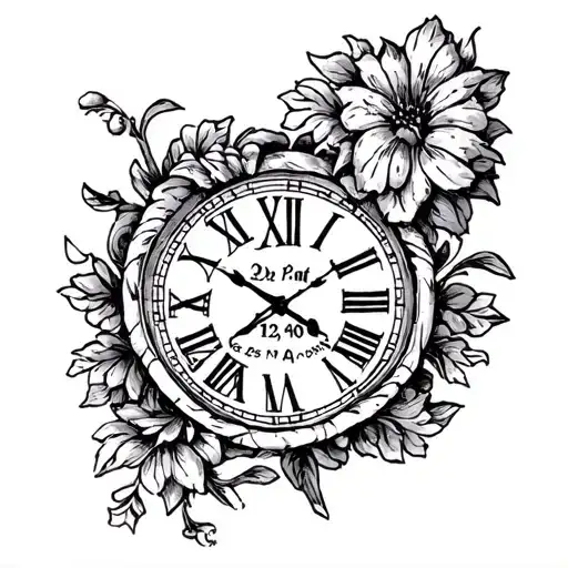 Date 12 03 2006 roman numeral, underneath write 2:24 PM in script tattoo design idea