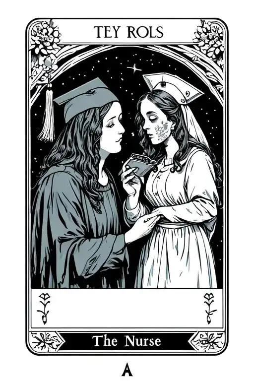"The Nurse" tarot card with a festival/boho nurse interacting with a ghost wearing a graduation cap tattoo design idea