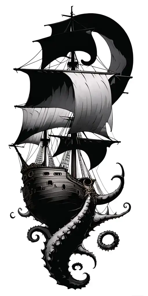 pirate ship, kraken attacking tattoo design idea
