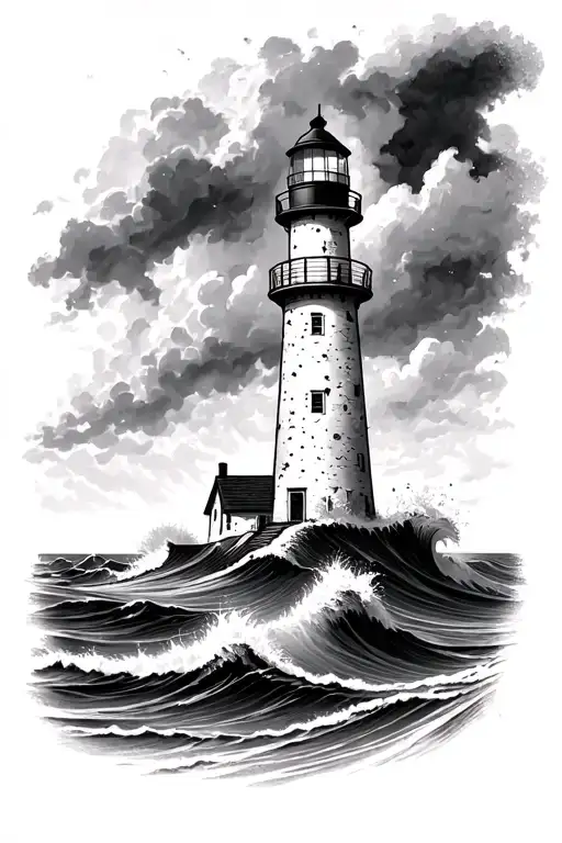 Lighthouse in storm sea waves tattoo design idea