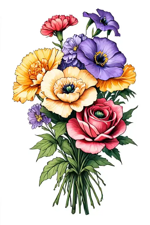 12 flower bouquet with 4 carnations, 1 daffodiol, 1 morning glory, 1 violet, 2 roses, 1 water lily, 2 poppies tattoo design idea