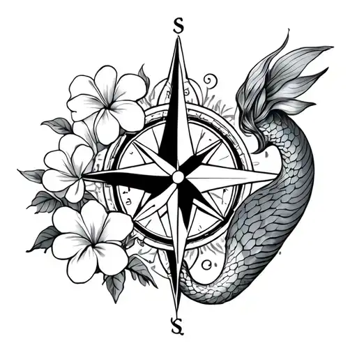 mermaid, Pisces symbol, frangipani and compass tattoo design idea