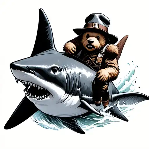 paddington bear riding a shark tattoo design idea