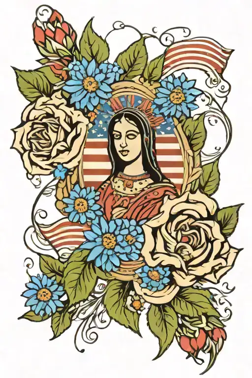 Guadalupe surrounded by blue cornflowers with an American flag backdrop tattoo design idea