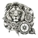 less visible lion, watch, compass, music and chains tattoo design idea