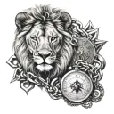 less visible lion, watch, compass, music and chains tattoo design idea