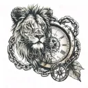 less visible lion, watch, compass, music and chains tattoo design idea