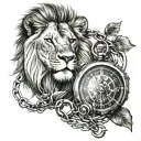 less visible lion, watch, compass, music and chains tattoo design idea