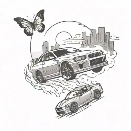 A sketch of a JDM car driving into the sunset with a skyline in the background and a butterfly flying overhead tattoo design idea