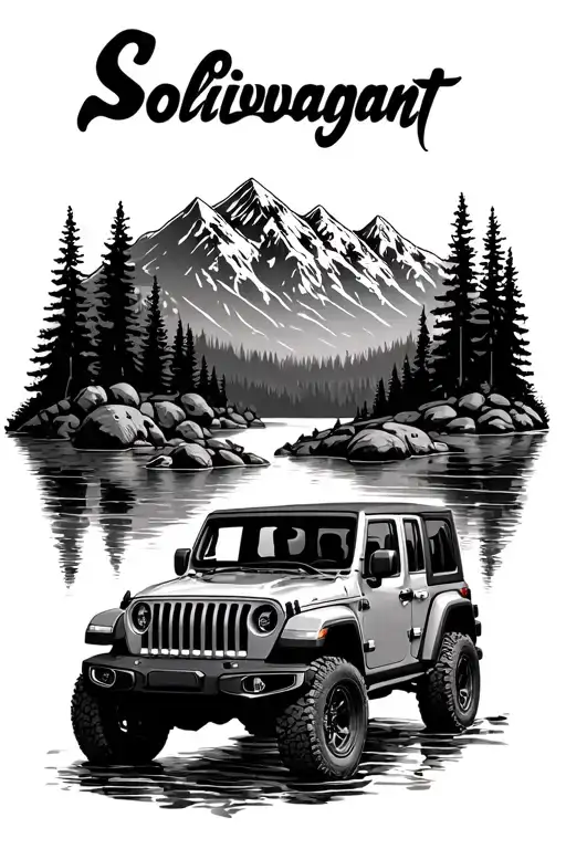 "Solivagant" "Solivagant" "Solivagant" "Solivagant" topless jeep wrangler in wilderness creek and mountains joined together tattoo design idea