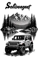 "Solivagant" "Solivagant" "Solivagant" "Solivagant" topless jeep wrangler in wilderness creek and mountains joined together tattoo design idea