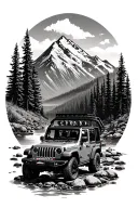 "Solivagant" "Solivagant" "Solivagant" "Solivagant" topless jeep wrangler in wilderness creek and mountains joined together tattoo design idea