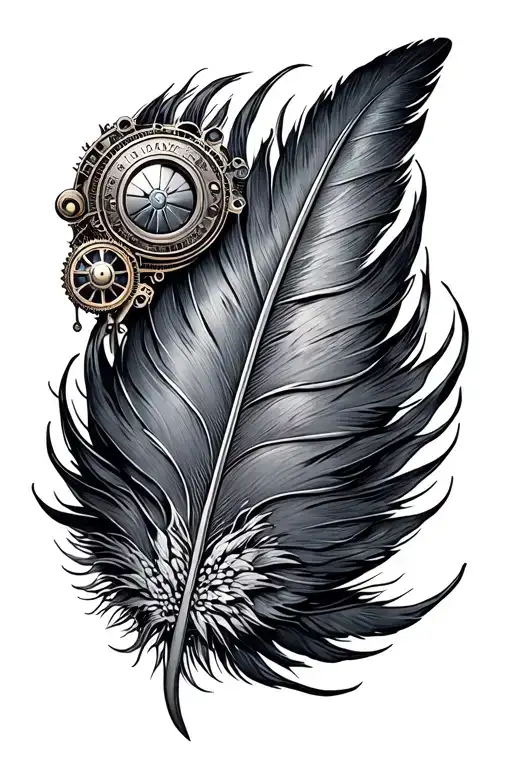 feather steampunk inspired mechanical tattoo design idea